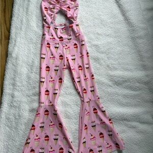 Kids Ice Cream Print Pink Flared Romper